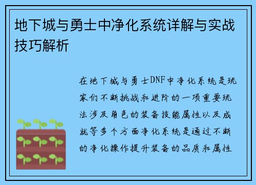 地下城与勇士中净化系统详解与实战技巧解析
